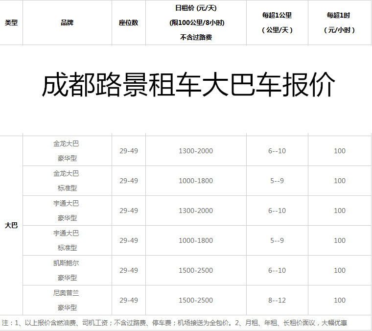 成都大巴租車價格